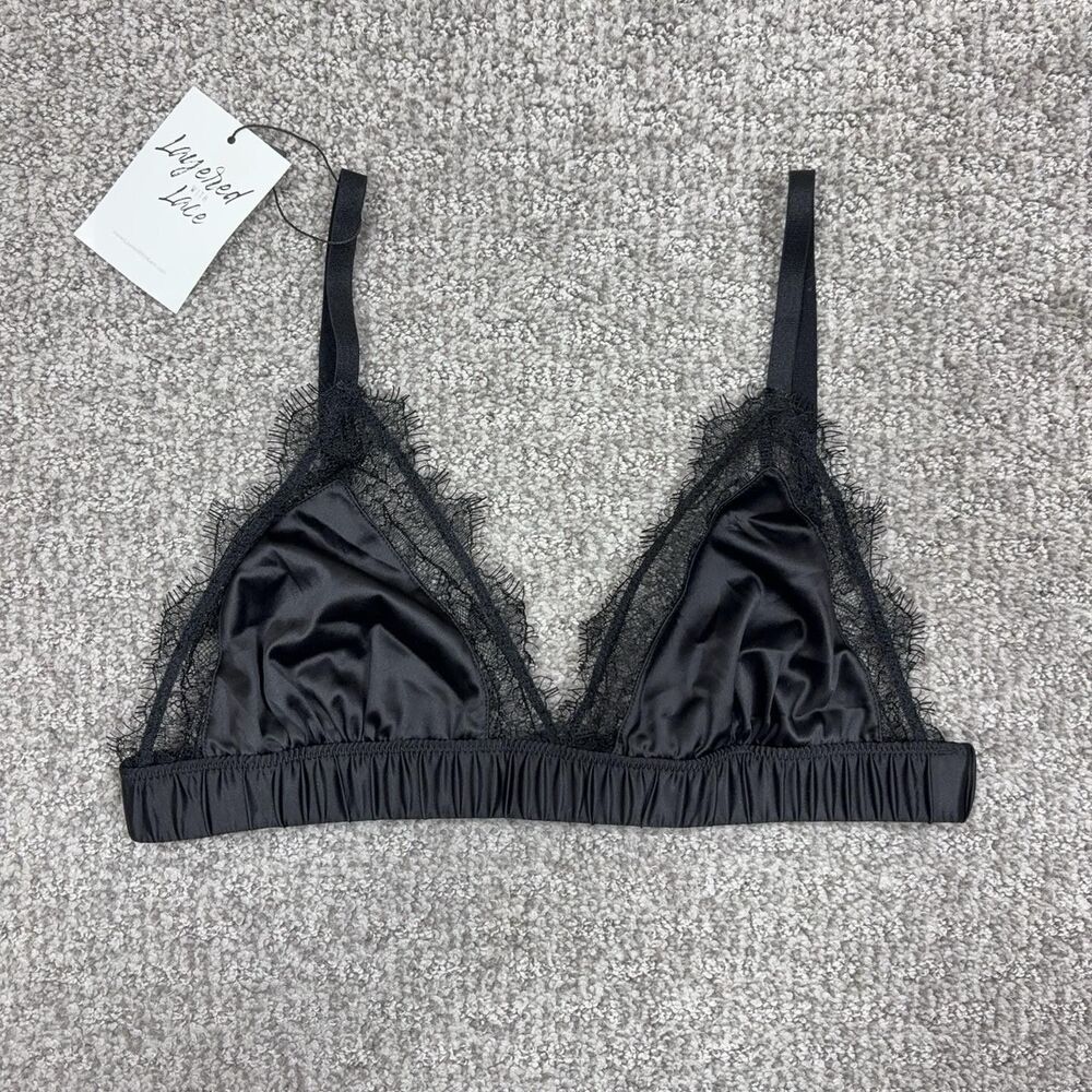 Layered With Lace Bralette Womens Medium Black Satin Wireless Unlined Bra